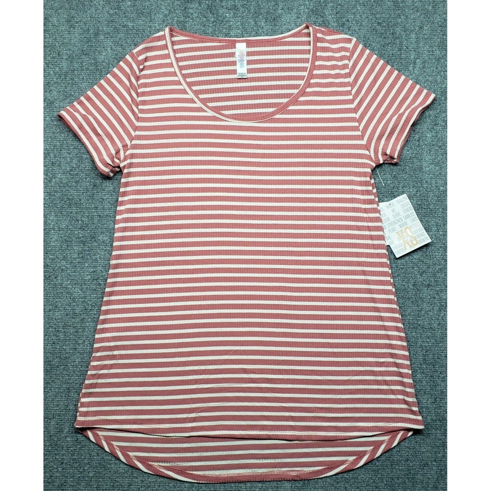 LulaRoe Classic T-Shirt Womens XS Pink White Striped Round Neck Short Sleeve New